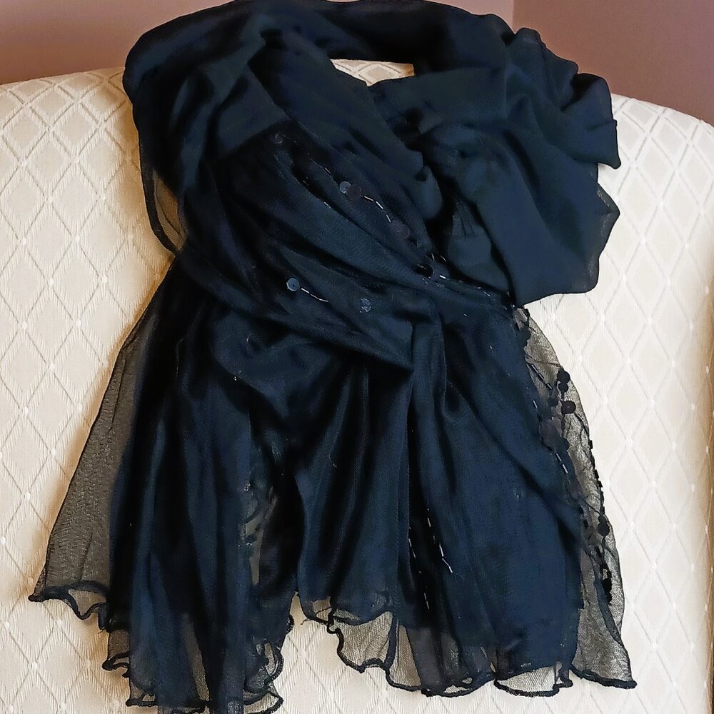 SHEER Elegant Black Scarf Wrap - Evening Dress or Halloween? EUC